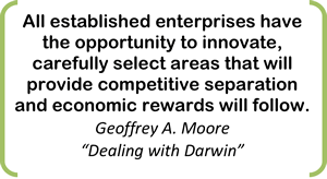 All established enterprises have the opportunity to innovate, carefully select areas that will provide competitive separation and economic rewards will follow. Geoffrey A. Moore “Dealing with Darwin” 